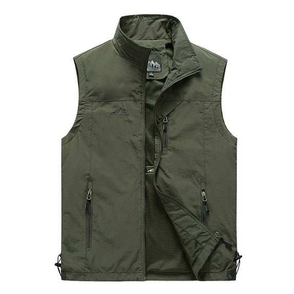 SWSMCLT Men's Sleeveless Top Winter Tank Top Fall Summer Spring Vest Fish Outdoor Zipper Pocket Nylon Basic Army Green Small