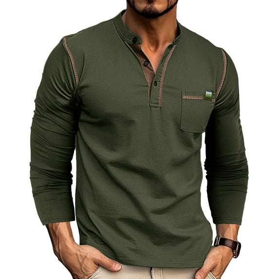 SWSMCLT Men's Slim Fit Henley Shirt Cotton Fall Top Soft Casual Basic Fashion Casual Pocket T-Shirt Long Sleeve Tee Solid Contrast Color Stitching Vintage 3 Button Green Large