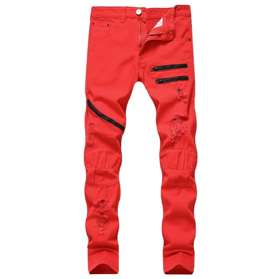 SWSMCLT Men's Slim Fit Jeans Mid Rise Ripped Denim Pants Zipper Trousers Distressed Chic Denim Red 40