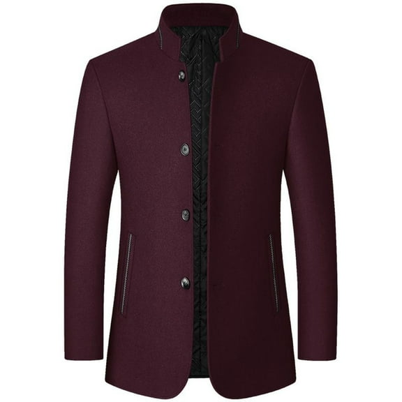 SWSMCLT Men's Slim Fit Wool Jacket Quilted Long Sleeve Casual Band Collar Pea Coat Fall Top Single Breasted Peacoat Winter Spring Pocket Fashion Business Burgundy Large