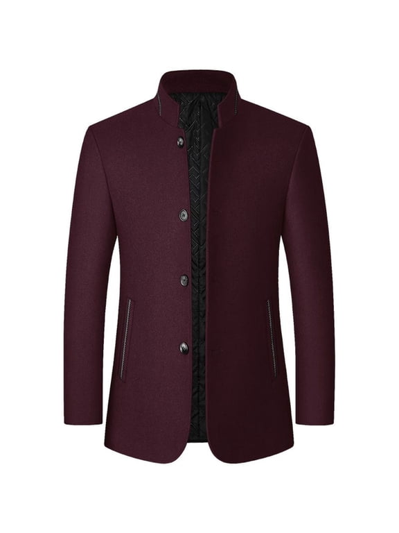 Men's Slim Fit Wool Jacket Quilted Long Sleeve Casual Band Collar Pea Coat Fall Top Single Breasted Peacoat Winter Spring Pocket Fashion Business Burgundy Small