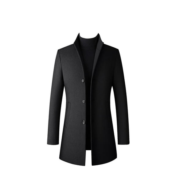 SWSMCLT Men's Slim Fit Wool Jackets & Coats Warm Quilted Button Down Trench Coats Single Breasted Top Coat Fall Winter Pea Coat Business Casual Band Collar Black X-Small