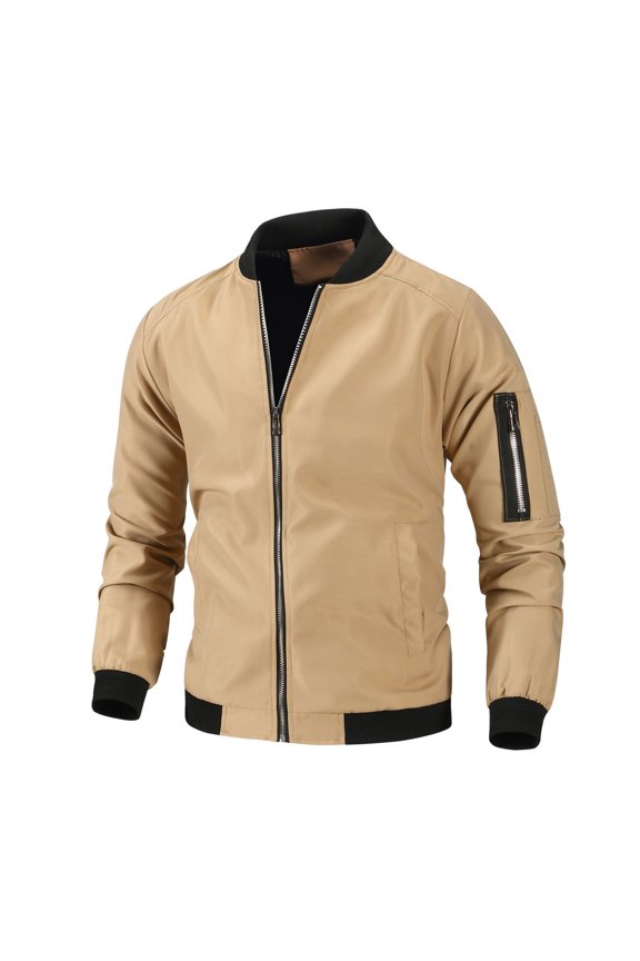 Men's Snow Jacket Zip Up Full Zip Casual Zip Front Winter Varsity Jacket Spring Slash Pocket Jackets Khaki Small