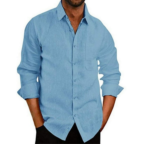SWSMCLT Men's Soft Button Down Shirt Cotton Lightweight Pleated Casual Top Linen Basic Button Down Shirt Sky Blue Small