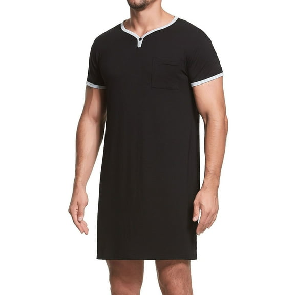SWSMCLT Men's Soft Summer Robe Short Sleeve Nightshirt Spring Comfy Long Loose Pjs Bath V Neck Sleep Shirt Black X-Large