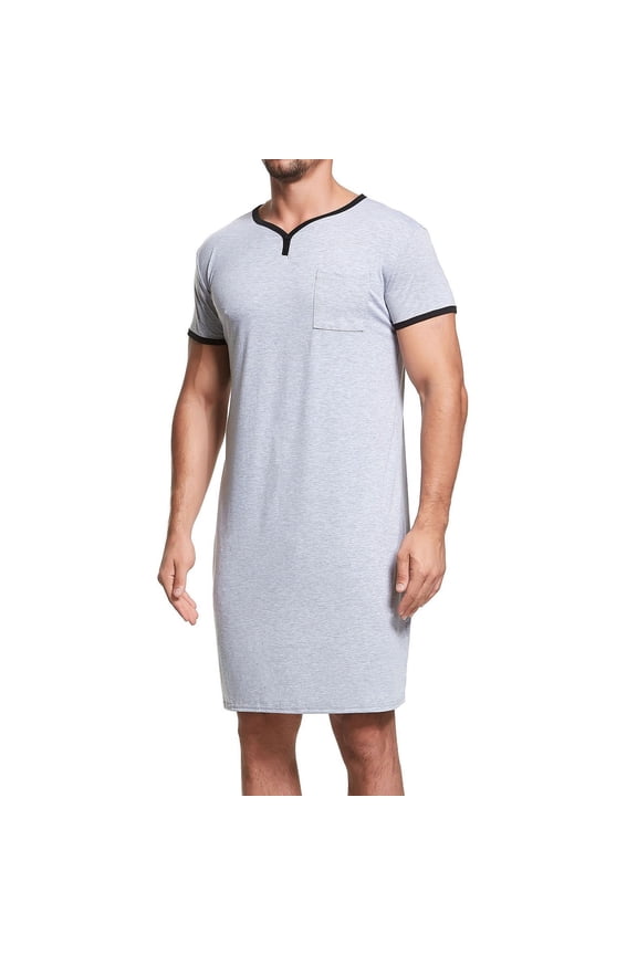 Men's Soft Summer Robe Short Sleeve Nightshirt Spring Comfy Long Loose Pjs Bath V Neck Sleep Shirt Grey Large