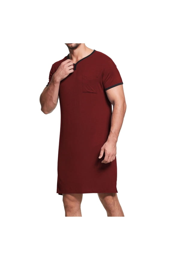Men's Soft Summer Robe Short Sleeve Nightshirt Spring Comfy Long Loose Pjs Bath V Neck Sleep Shirt Red Large