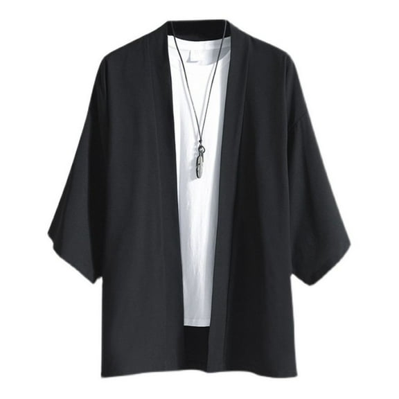 SWSMCLT Men's Soft Top Oversized Shirt 3/4 Sleeve Open Front Cozy Cardigan Thin Cotton Summer Drop Shoulder Black Small