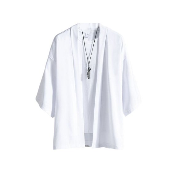 SWSMCLT Men's Soft Top Oversized Shirt 3/4 Sleeve Open Front Cozy Cardigan Thin Cotton Summer Drop Shoulder White Medium