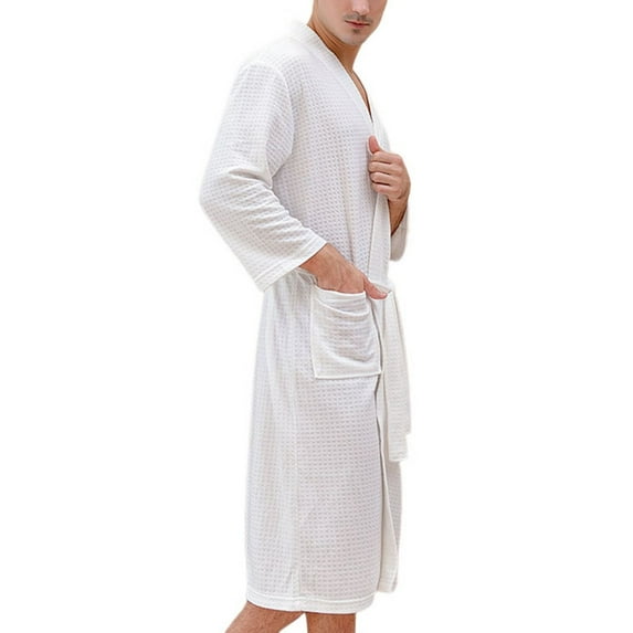 SWSMCLT Men's Soft Waffle Robe Bath Slim Fit Holiday Breathable Sleepwear V Neck Fall Knee Length White Large