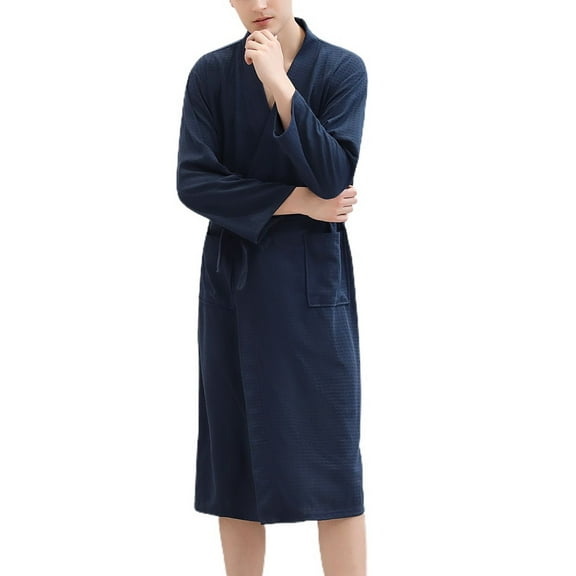 SWSMCLT Men's Spa Robes Summer Sleepwear Soft Waffle Bath Robe Long Sleeve Bathrobe Knee Length V Neck Sleeping Navy Small-Medium