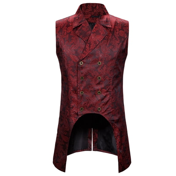 SWSMCLT Men's Steampunk Vest Outfit Tuxedo Brocade Waistcoat Gothic Western Sleeveless Red Small