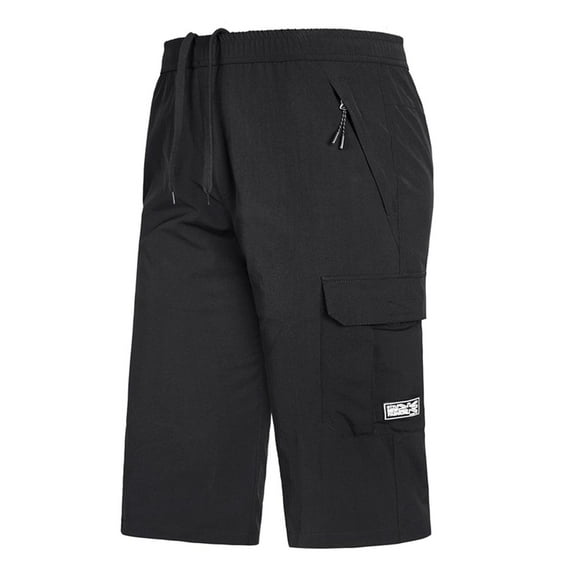 SWSMCLT Men's Stretch Capris Pants Soft Elastic Waist Crop Pants Long Shorts Cargo Mid Rise Loose Summer Spandex Drawstring Black 34
