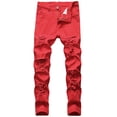 thumbnail image 1 of SWSMCLT Men's Stretch Straight Mid Rise Ripped Distressed Denim Trousers Slim Fit Jeans Chic Red 32, 1 of 4