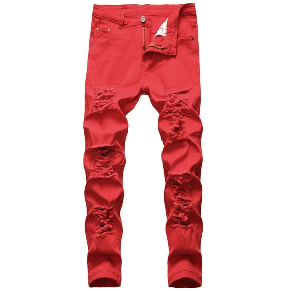 SWSMCLT Men's Stretch Straight Mid Rise Ripped Distressed Denim Trousers Slim Fit Jeans Chic Red 32