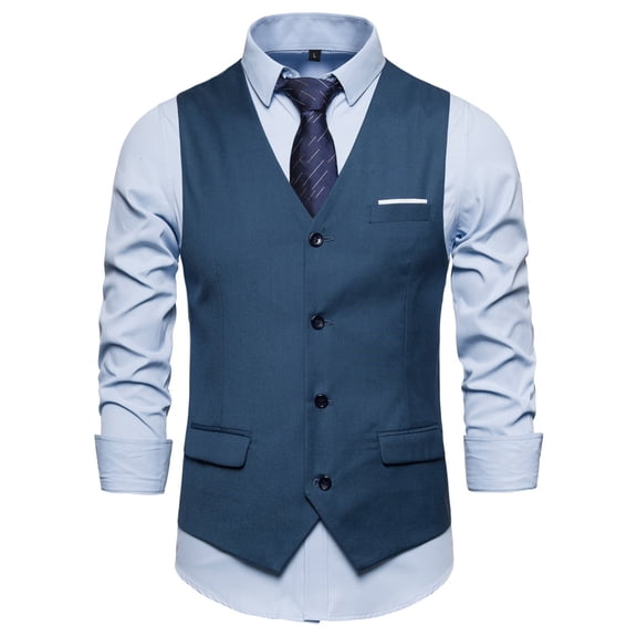 SWSMCLT Men's Suit Vest Business Formal Jacket Casual Lightweight Button Down V Neck Sleeveless Tuxedo Dress Waistcoat Slim Fit Western Vests Blue 40