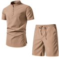 thumbnail image 1 of SWSMCLT Men's Summer 2 Piece Lounge Set Henley Shirt Comfy Elastic Waist Drawstring Walking Shorts Set Casual Cotton Short Sleeve Khaki Medium, 1 of 1