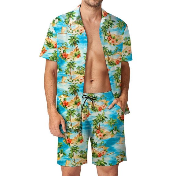 SWSMCLT Men's Summer Hawaiian 2-Piece Short Set Spring Fall Short Sleeve Mid Thigh Cool Printed Vacation Button Down Style4 3X-Large
