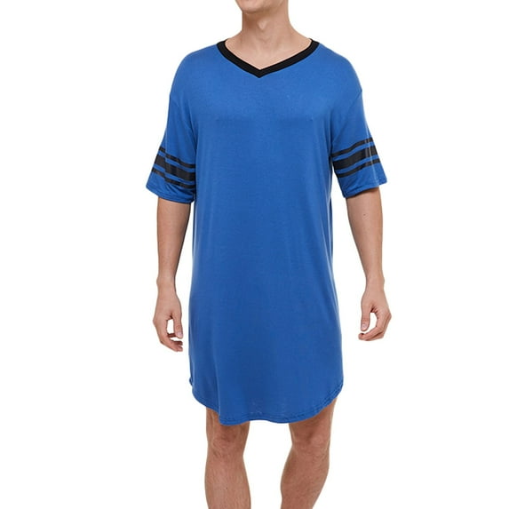 SWSMCLT Men's Summer Robe Short Sleeve Nightshirt Cotton Knee Length Pajama Sleep Shirt Cool V Neck Soft Sleeping Loose Blue Small