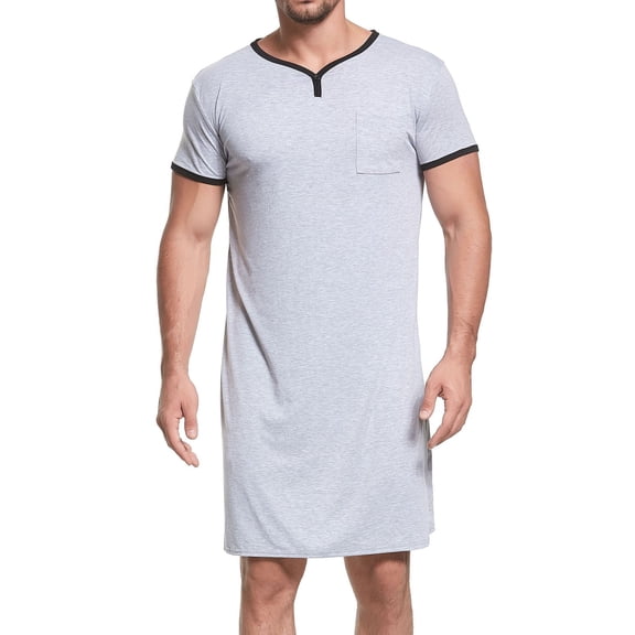 SWSMCLT Men's Summer Robe Short Sleeve Stretchy Cozy Bathrobe Sleep Gown Bath Soft V Neck House Sleeping Nightshirt Nightwear Grey XX-Large