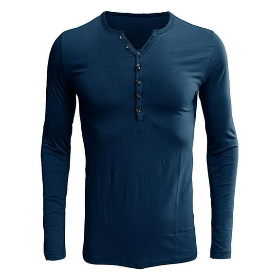 SWSMCLT Men's T Shirt Soft Basic Button Workout Long Sleeve Henley Shirt Cotton V Neck Fitted Spandex Fall Crop Tee Blue Medium