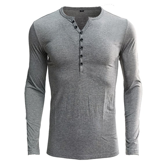 SWSMCLT Men's T Shirt Soft Basic Button Workout Long Sleeve Henley Shirt Cotton V Neck Fitted Spandex Fall Crop Tee Grey Large