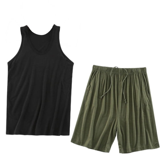 SWSMCLT Men's Tank Top Shorts Set Soft Sleeveless Vest Shirt Summer Modal 2 Piece Pajama Set Lounge Set Lightweight Sleepwear Army Green X-Large