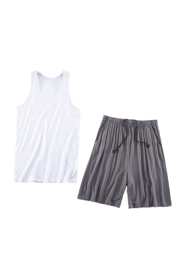 Men's Tank Top Shorts Set Soft Sleeveless Vest Shirt Summer Modal 2 Piece Pajama Set Lounge Set Lightweight Sleepwear White Medium
