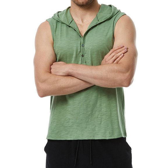 SWSMCLT Men's Tank Top Soft Cotton Fashion Workout Summer Spring Sleeveless Hoodie Hooded Vest Slim Fit Button Front Henley T Shirt Army Green Large