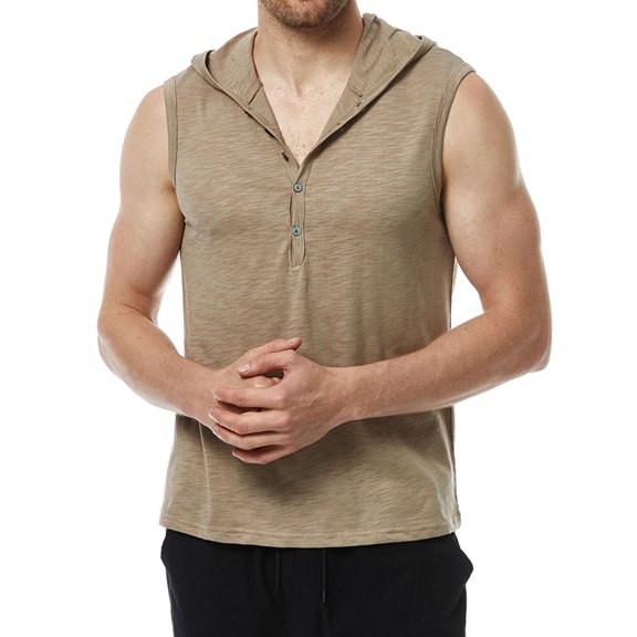 SWSMCLT Men's Tank Top Soft Cotton Fashion Workout Summer Spring Sleeveless Hoodie Hooded Vest Slim Fit Button Front Henley T Shirt Khaki XX-Large
