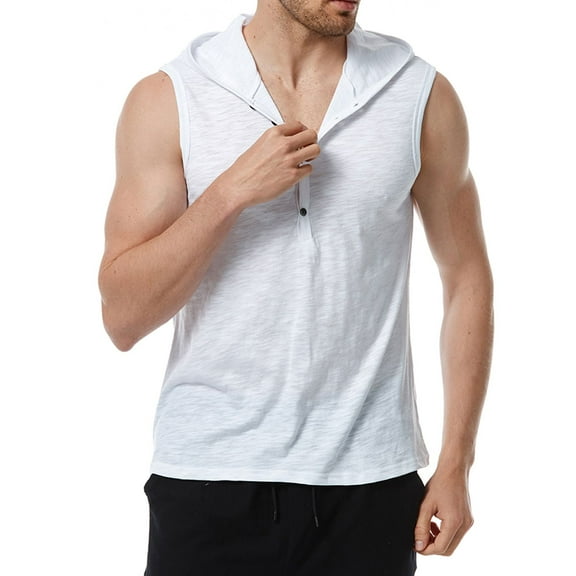 SWSMCLT Men's Tank Top Soft Cotton Fashion Workout Summer Spring Sleeveless Hoodie Hooded Vest Slim Fit Button Front Henley T Shirt White XX-Large