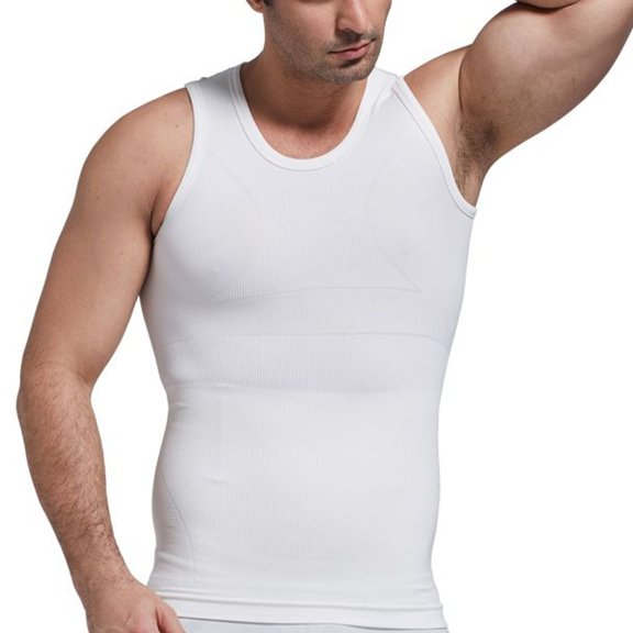 SWSMCLT Men's Tank Tops Vest Firm Slim Compression Vest Grey Body Shaper Spandex Vest Soft Tummy Control Stretchy White Large