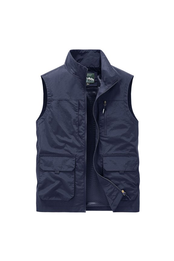 Men's Utility Vest Zipper Basic Spring Outdoor Cargo Safari Fishing Sleeveless Tank Top Pocket Dark Blue Large