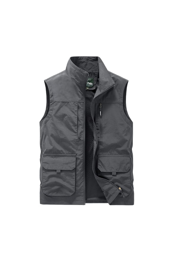 Men's Utility Vest Zipper Basic Spring Outdoor Cargo Safari Fishing Sleeveless Tank Top Pocket Dark Grey Small