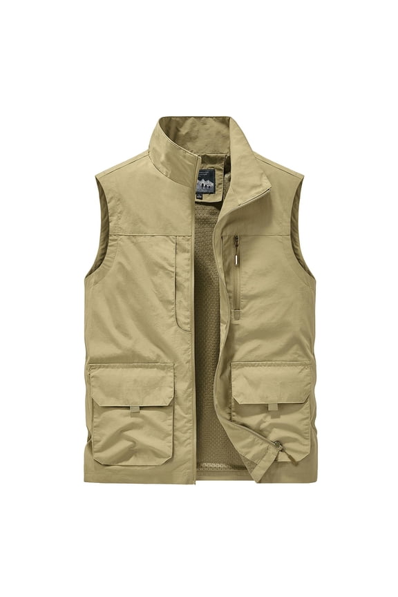 Men's Utility Vest Zipper Basic Spring Outdoor Cargo Safari Fishing Sleeveless Tank Top Pocket Khaki Large