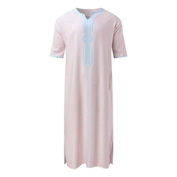 SWSMCLT Men's V Neck Kaftan Fall Long Robe Soft Summer Casual Split Thin 3/4 Sleeve Blouse Boho Spring Shirt Pink Small