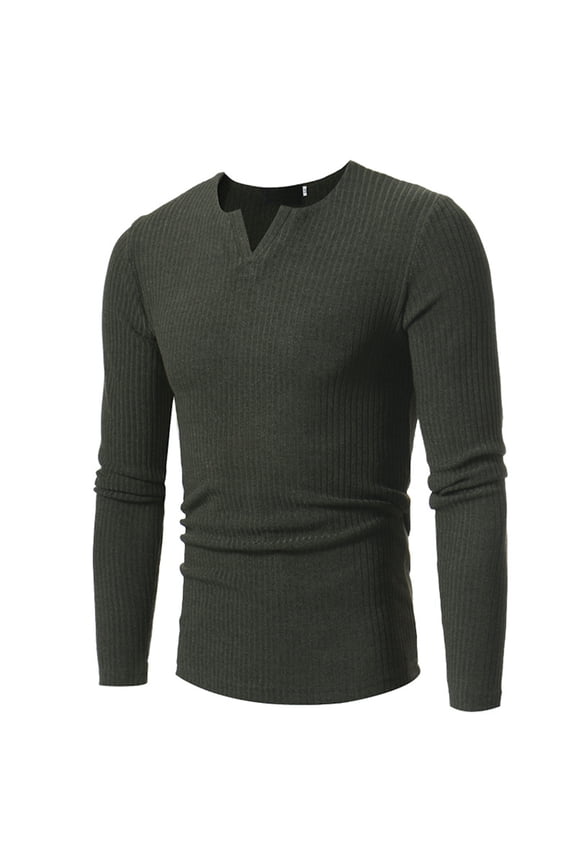 SWSMCLT Men's V Neck Long Sleeve Shirts T-shirt Solid Regular Fit Lightweight Rib Ribbed Soft Knitted Tops Comfy Casual Olive Small