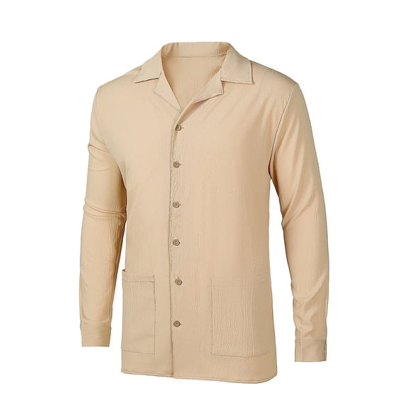 SWSMCLT Men's V Neck Shirt Top Button Down Long Sleeve Beach Holiday Cool Basic Fall Spring Casual Apricot Small
