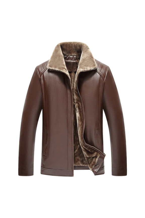 Men's Vegan PU Leather Jacket Sherpa Lined Jackets Faux Fur Collar Quilted Bomber Jackets & Coats Fleece Trucker Jackets Zip Up Winter Furry Hoodless Long Sleeve Slim Fit Brown 38