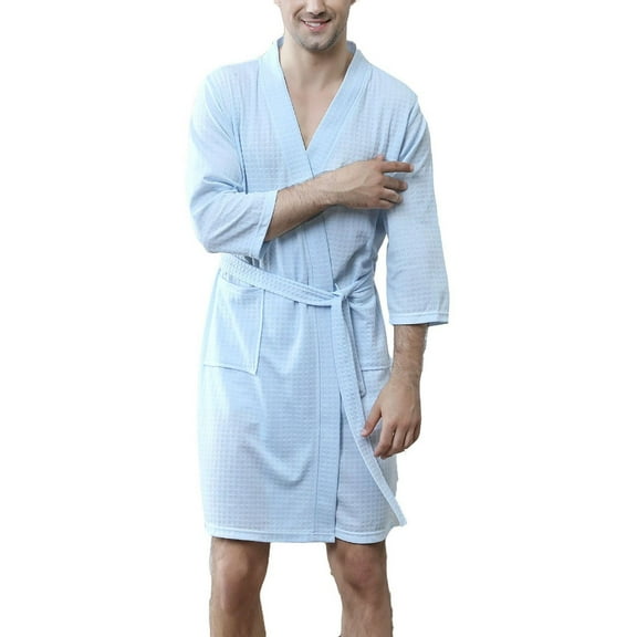 SWSMCLT Men's Waffle Bath Robe Long Robe Thin Medium Fall Comfy Kimono Bath House V Neck Soft Knee Length Blue X-Small-Small