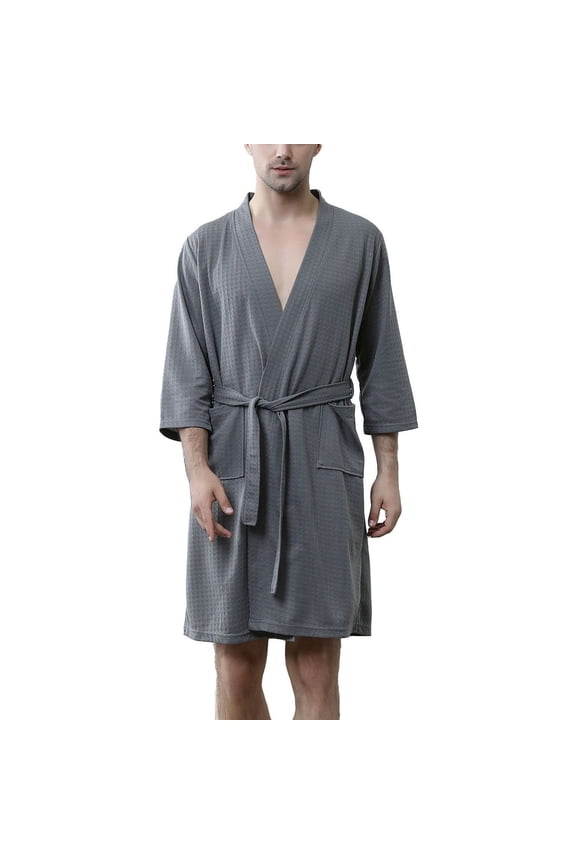 Men's Waffle Bath Robe Long Robe Thin Medium Fall Comfy Kimono Bath House V Neck Soft Knee Length Grey Medium-Large
