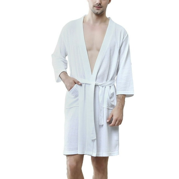 SWSMCLT Men's Waffle Bath Robe Long Robe Thin Medium Fall Comfy Kimono Bath House V Neck Soft Knee Length White Medium-Large