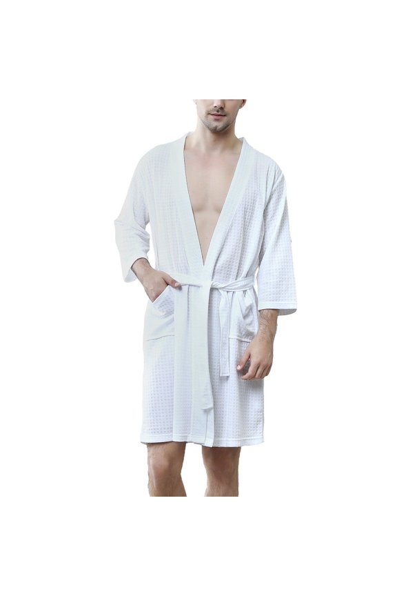 Men's Waffle Bath Robe Long Robe Thin Medium Fall Comfy Kimono Bath House V Neck Soft Knee Length White X-Small-Small