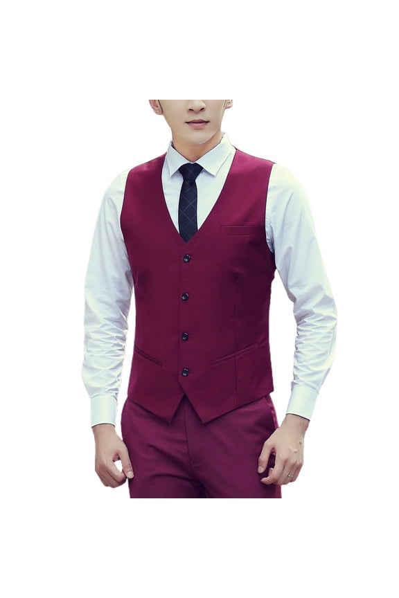 Men's Waistcoat Business Vest Top Sleeveless Soft Formal Single Breasted Tank Top V Neck Fitted Belted Work Burgundy Medium