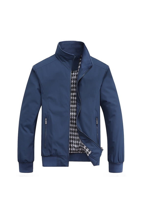 Men's Windproof Jacket Light Full Zip Casual Lightweight Windbreakers Softshell with Pockets Long Sleeve Plaid Lining Shell Wind Resistant Rain Blue Medium