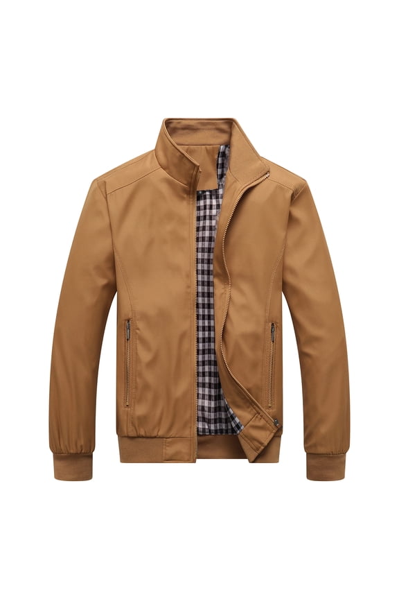 Men's Windproof Jacket Light Full Zip Casual Lightweight Windbreakers Softshell with Pockets Long Sleeve Plaid Lining Shell Wind Resistant Rain Khaki Small