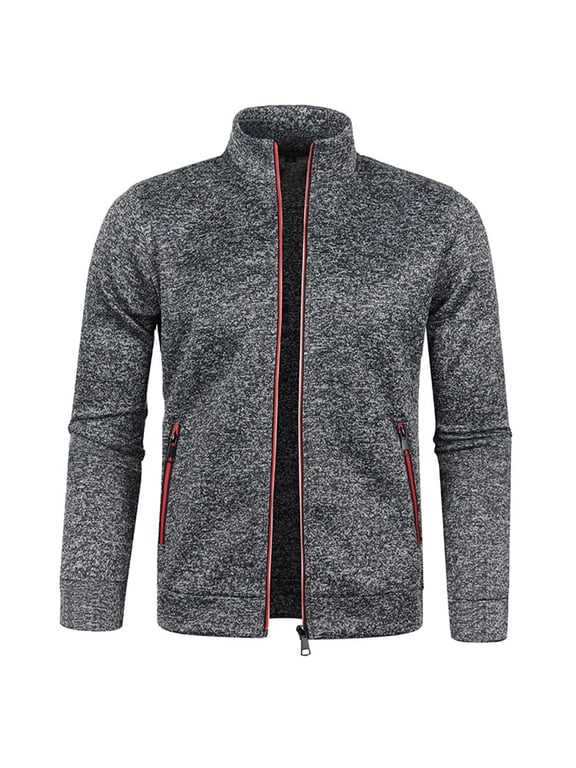 Men's Winter Cardigan Zipper Fleece Lining Sweater Outerwear Warm Knitwear Spring Full Zip Warm Pocket Grey Large