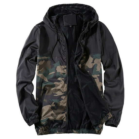 SWSMCLT Men's Winter Jacket Long Sleeve Outerwear Camo Printed Windbreaker Snow Hooded Fall Zip Up Drawstring Casual Black Camo Large