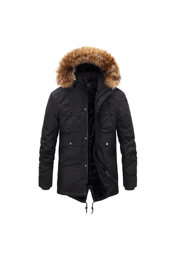 Men's Winter Jackets & Coats Warm Fuzzy Plush Quilted Insulated Full Zip Button Faux Shearling Parka Jacket with Detachable Fur Hood Fleece Lined Slim Fit Black 34