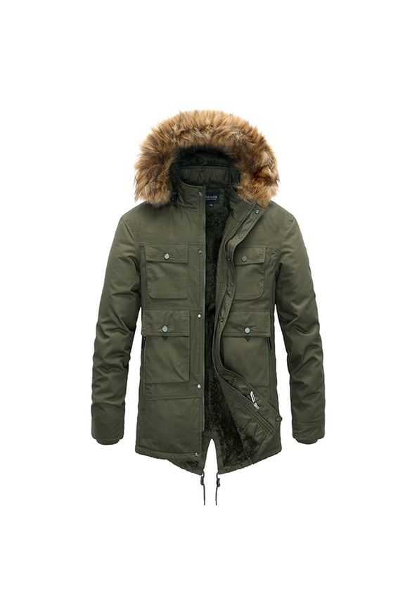 Men's Winter Jackets & Coats Warm Fuzzy Plush Quilted Insulated Full Zip Button Faux Shearling Parka Jacket with Detachable Fur Hood Fleece Lined Slim Fit Army Green 40